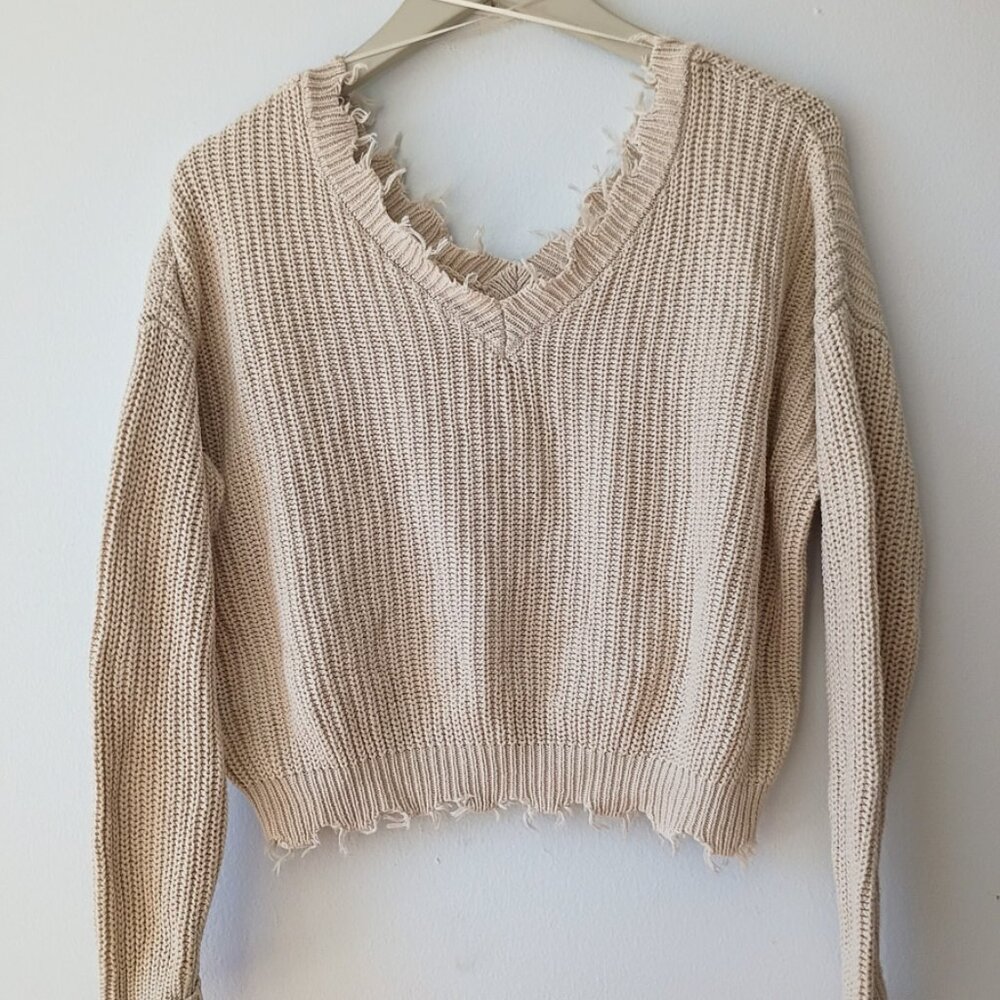 Jessica Simpson Distressed Cropped Knit Sweater | Cream/Tan | Size XS